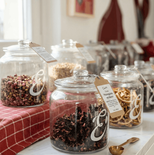 barattoli di tè e tisane come display visivo per clienti